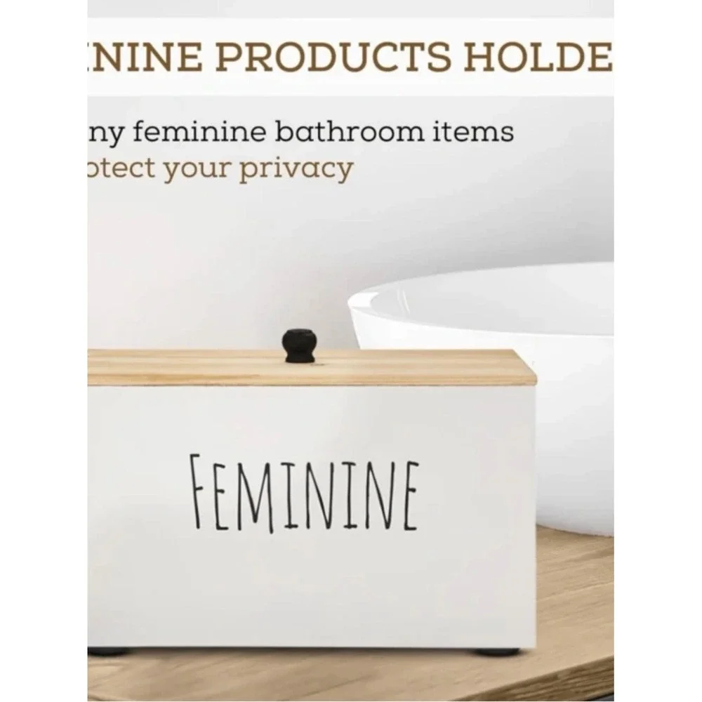 Feminine Bathroom Storage Box – White with Wood Lid